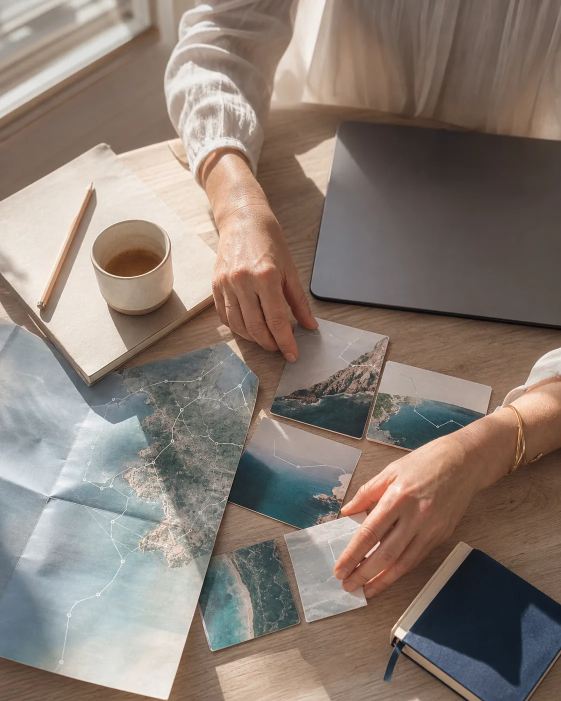 Hands arranging coastal route cards and a printed map beside a laptop, a notebook, and a cup of coffee.